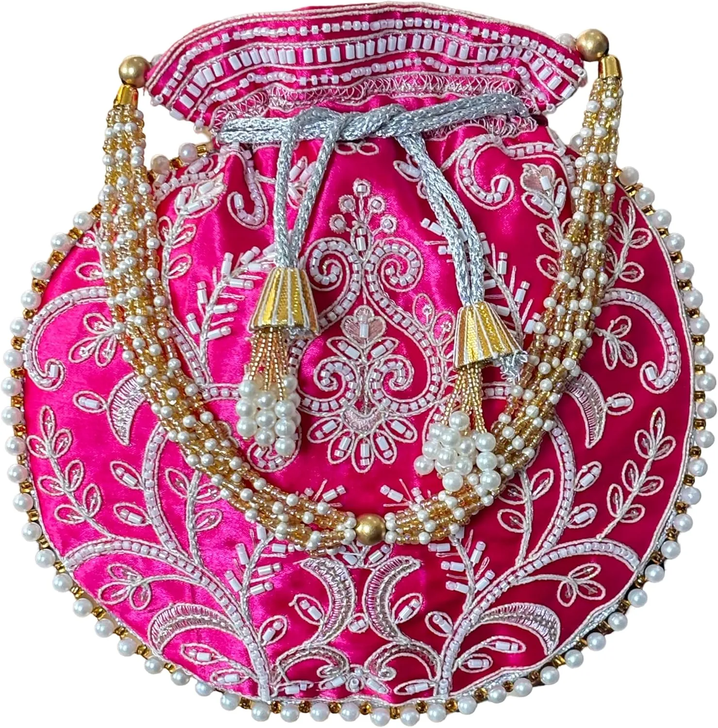 Potli Bag for Women Ethnic Gold, Pearl Handle Floral Accents, Drawstring Closure Pearls Handle Batwa Clutch Purse
