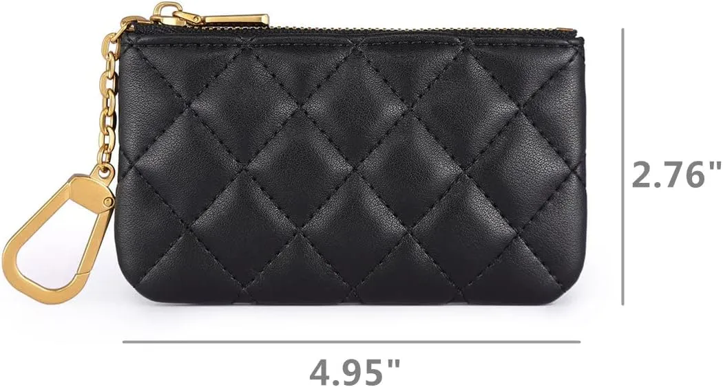 Premium Genuine Full Grain Leather Mini Coin Purse Keychain Pouch Card Holder for Men Women (Black Quilted- AG)