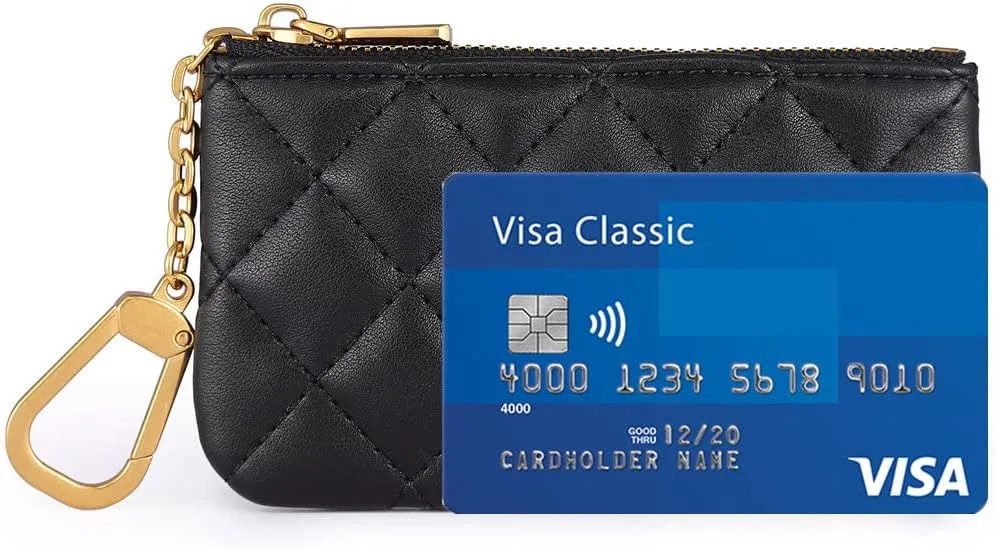 Premium Genuine Full Grain Leather Mini Coin Purse Keychain Pouch Card Holder for Men Women (Black Quilted- AG)