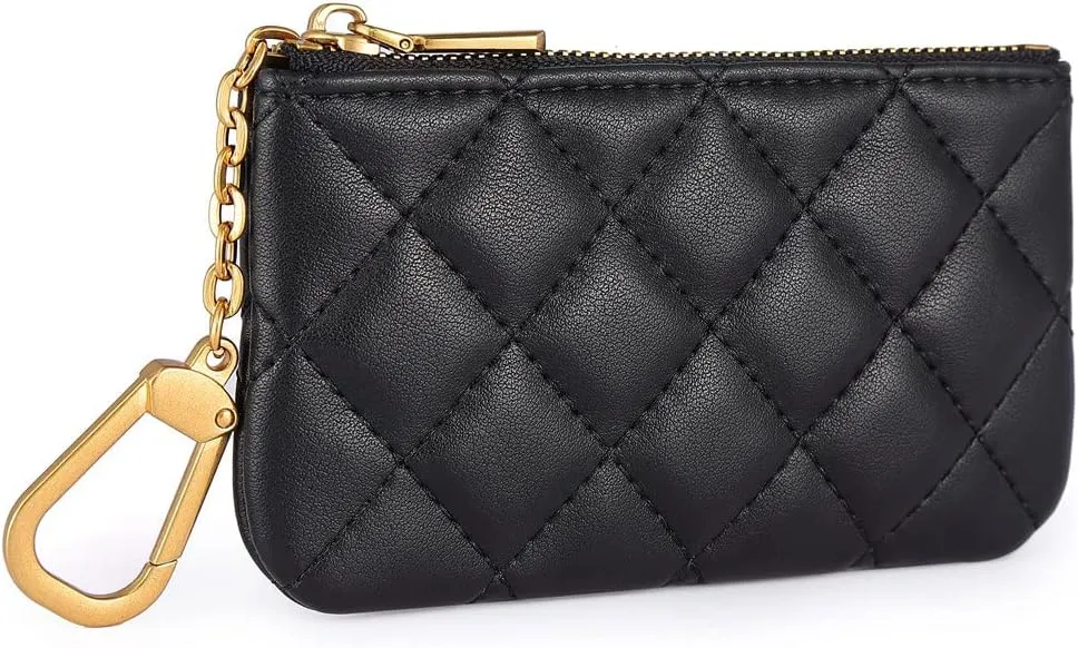 Premium Genuine Full Grain Leather Mini Coin Purse Keychain Pouch Card Holder for Men Women (Black Quilted- AG)