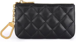 Premium Genuine Full Grain Leather Mini Coin Purse Keychain Pouch Card Holder for Men Women (Black Quilted- AG)
