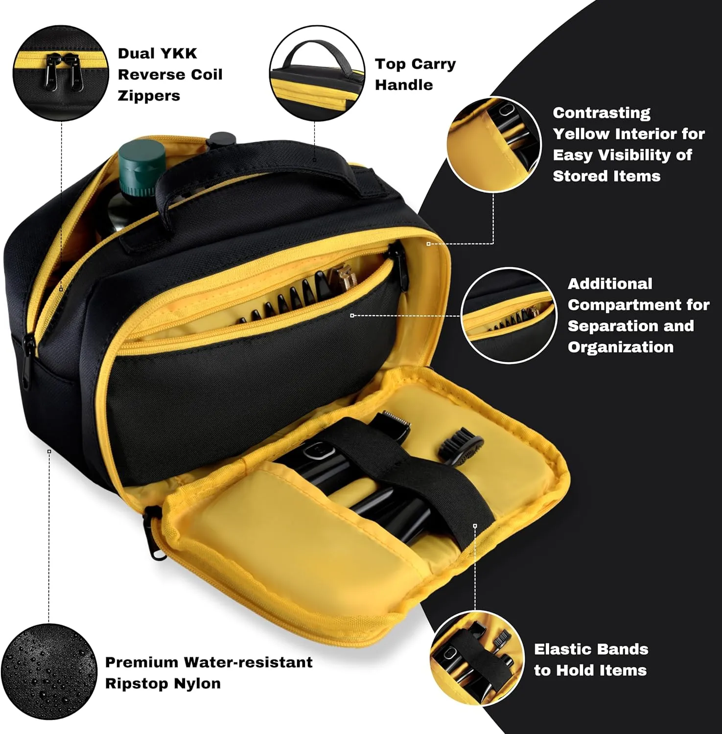 Premium Toiletry Bag for Men | Durable Mens Toiletry Travel Bag | Water-Resistant Dopp Kit for Grooming, Travel Toiletries & Essentials | Black Kit with Yellow YKK Zippers