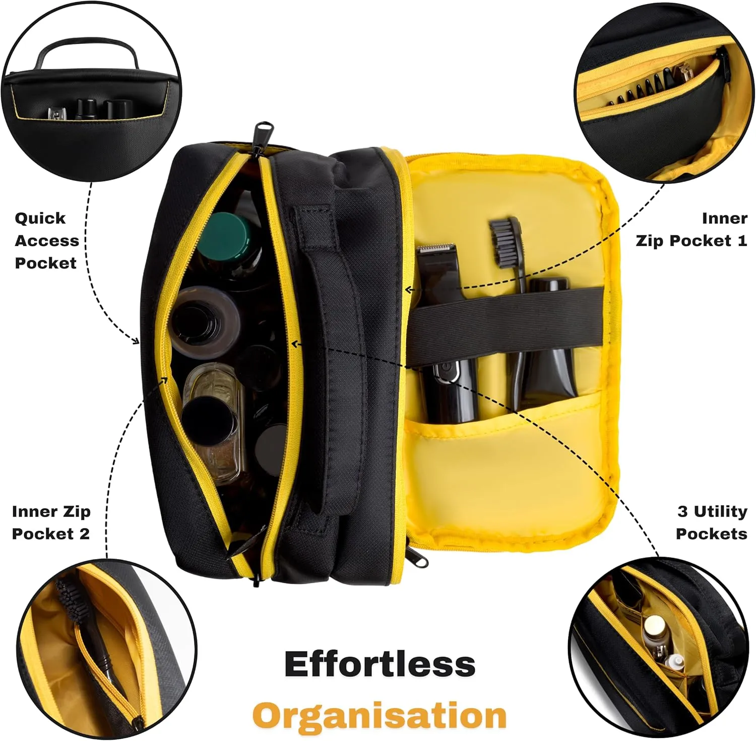 Premium Toiletry Bag for Men | Durable Mens Toiletry Travel Bag | Water-Resistant Dopp Kit for Grooming, Travel Toiletries & Essentials | Black Kit with Yellow YKK Zippers