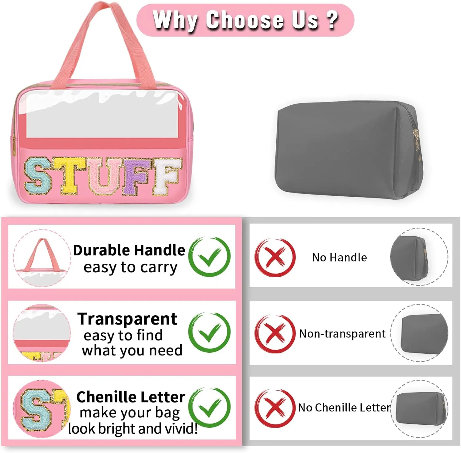 Preppy Clear Stuff Makeup Bags with Chenille Letter Patches, Travel Essentials Large Clear Make up Bag Zipper Pouch with Handle, Waterproof Nylon Cosmetic Toiletry Storage Tote for Women (STUFF-Pink)