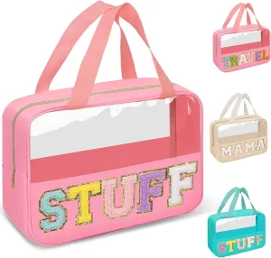 Preppy Clear Stuff Makeup Bags with Chenille Letter Patches, Travel Essentials Large Clear Make up Bag Zipper Pouch with Handle, Waterproof Nylon Cosmetic Toiletry Storage Tote for Women (STUFF-Pink)