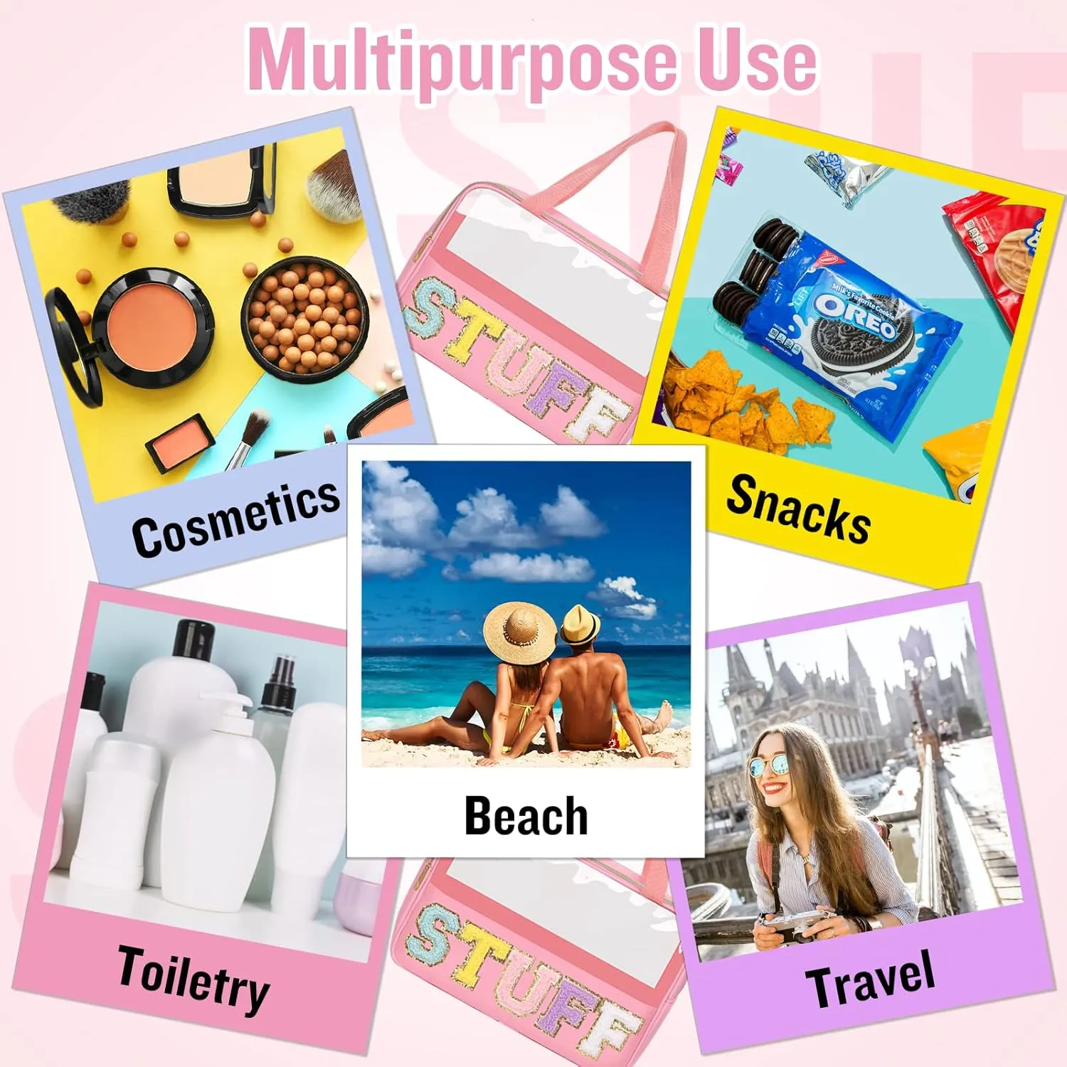 Preppy Clear Stuff Makeup Bags with Chenille Letter Patches, Travel Essentials Large Clear Make up Bag Zipper Pouch with Handle, Waterproof Nylon Cosmetic Toiletry Storage Tote for Women (STUFF-Pink)