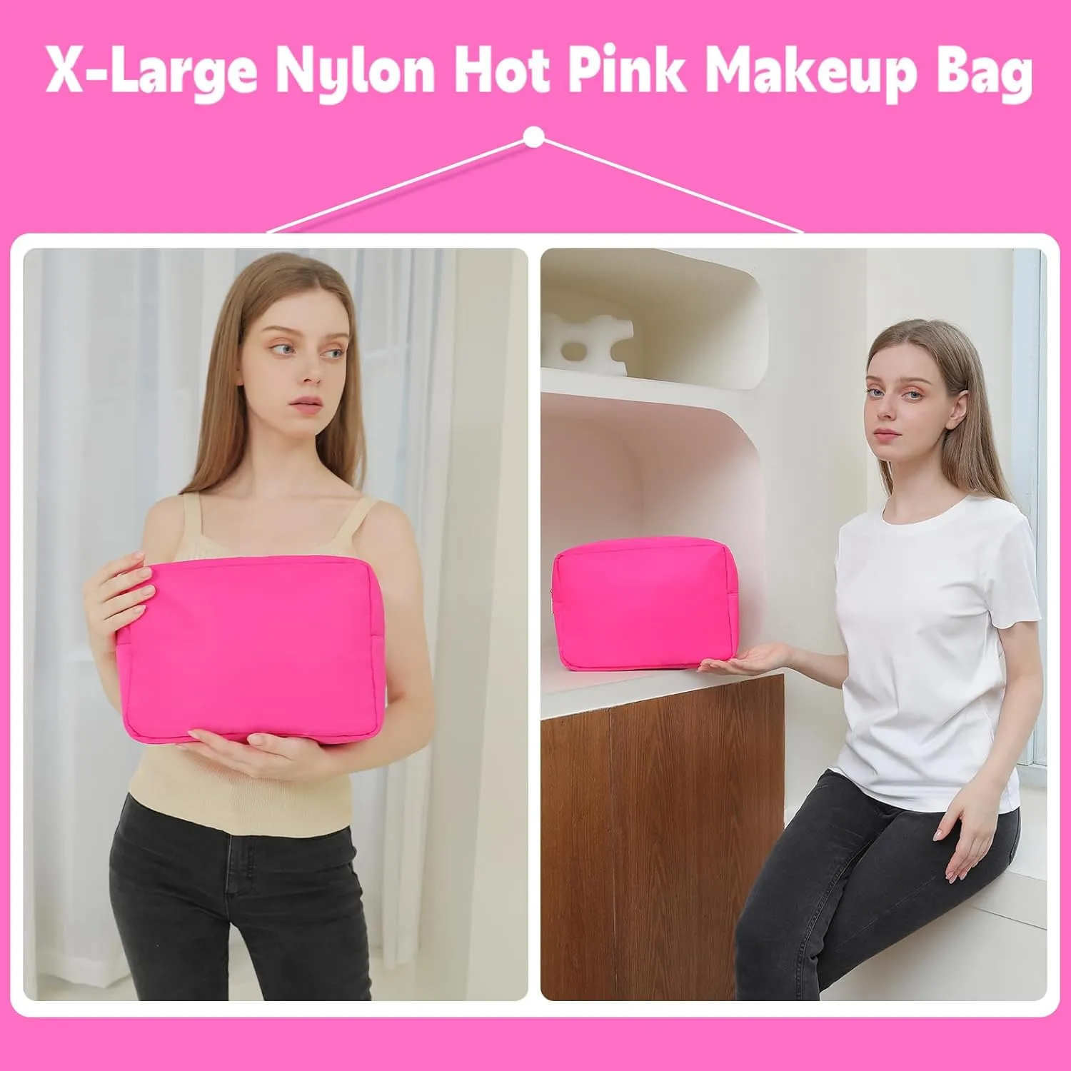 Preppy Makeup Bag Women Travelling Essentials XL Toiletry Organizer Cosmetic Pouch Bag Nylon Bathroom Bag with Zipper Pocket (XL, HotPink)