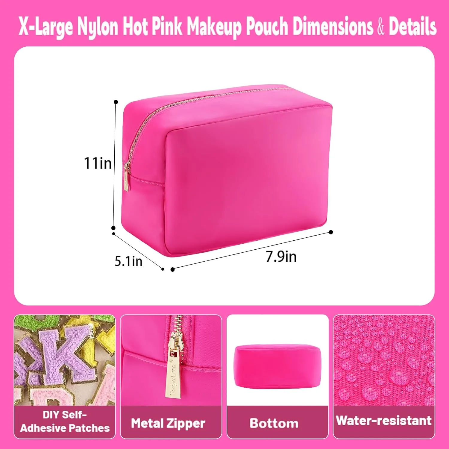 Preppy Makeup Bag Women Travelling Essentials XL Toiletry Organizer Cosmetic Pouch Bag Nylon Bathroom Bag with Zipper Pocket (XL, HotPink)