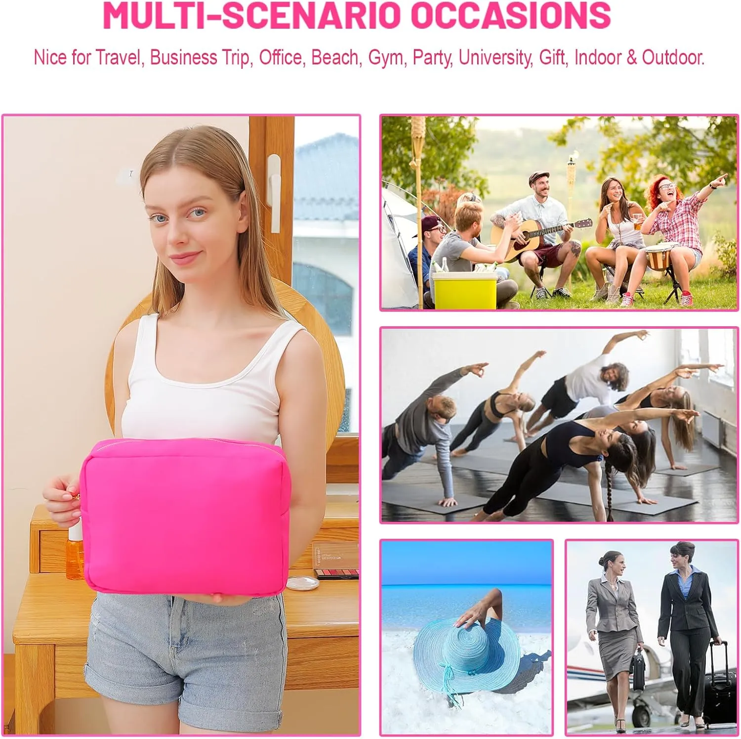 Preppy Makeup Bag Women Travelling Essentials XL Toiletry Organizer Cosmetic Pouch Bag Nylon Bathroom Bag with Zipper Pocket (XL, HotPink)