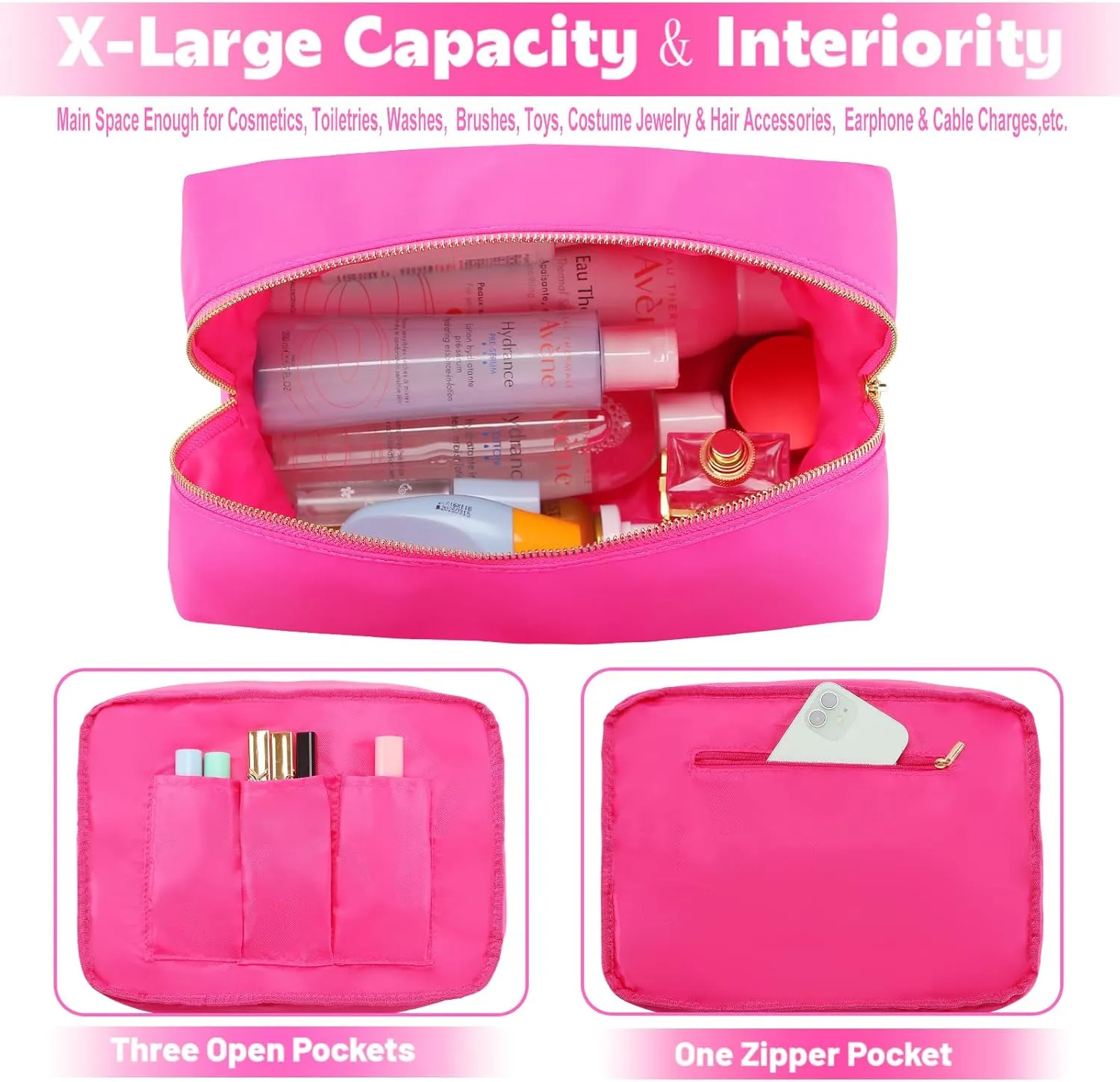Preppy Makeup Bag Women Travelling Essentials XL Toiletry Organizer Cosmetic Pouch Bag Nylon Bathroom Bag with Zipper Pocket (XL, HotPink)