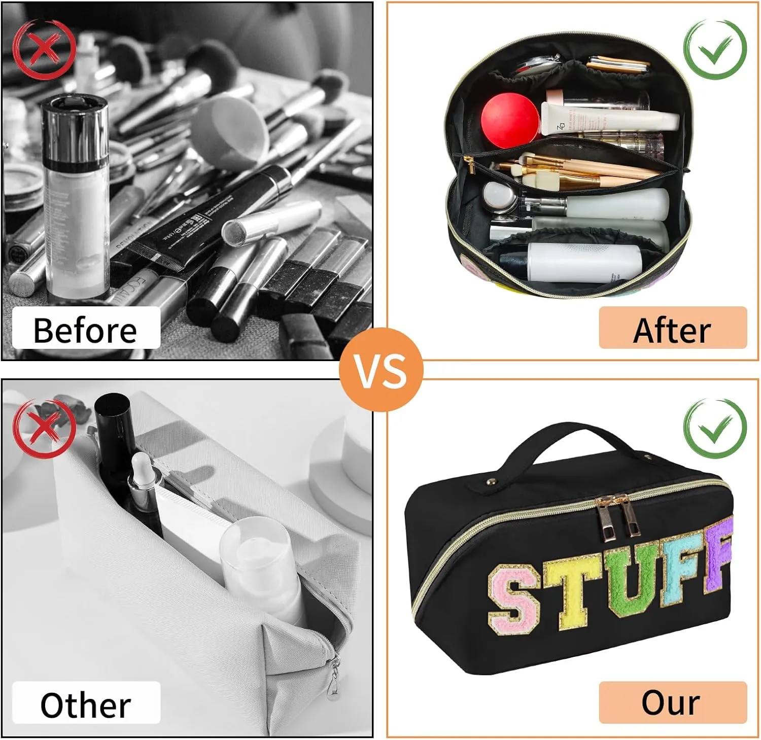 Preppy Stuff Makeup Bag, Stoney Clover Travel Toiletry Bag Pouch Chenille Letter Make Up Bags Girls Cute Cosmetic Bag Wedding Birthday Mothers Day Gifts for Women Stuff Bag (Black)