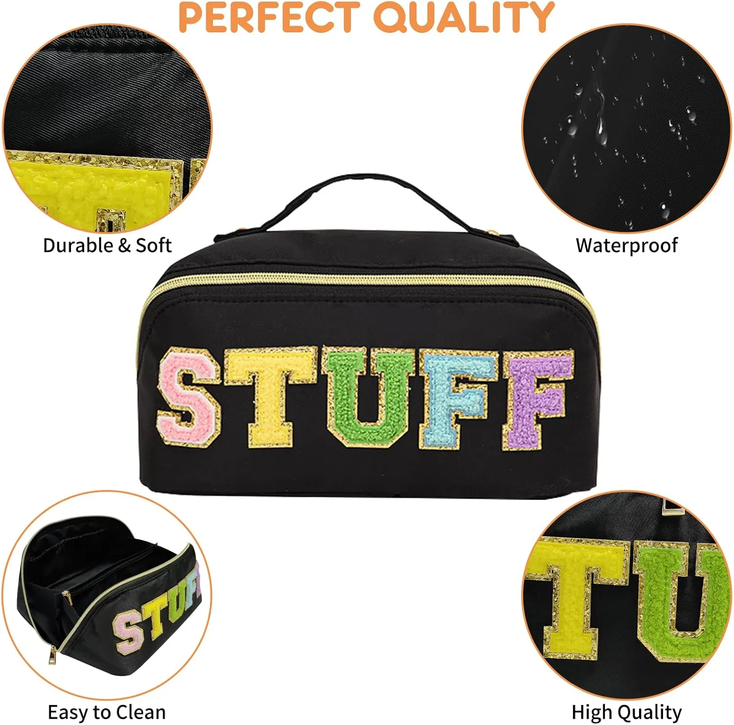 Preppy Stuff Makeup Bag, Stoney Clover Travel Toiletry Bag Pouch Chenille Letter Make Up Bags Girls Cute Cosmetic Bag Wedding Birthday Mothers Day Gifts for Women Stuff Bag (Black)