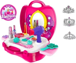 Pretend Play for Girls, 21 Pieces Vanity Set w/ Mirror  3 Free Tiaras, Beauty Hair Salon Kit, Play Makeup Toys for 3 Years Old, No Chemicals, No BPA, Best Christmas and Birthday Gift for Preschoolers