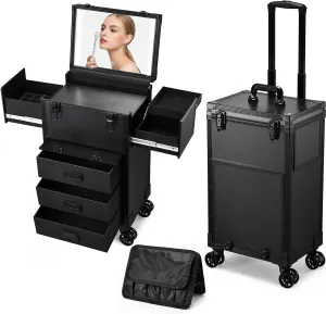 Professional Rolling Makeup Train Case with LED Lighted Mirror, Cosmetology Trolley Storage Train Case with Key and Swivel Wheels Salon Barber Case Traveling Cart (Black)
