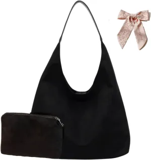 PU Leather Handbag Faux Suede Tote Bag with Pouch, Hobo Slouch Bag, Women's Shoulder Bags Hobos Bags for Travel Work