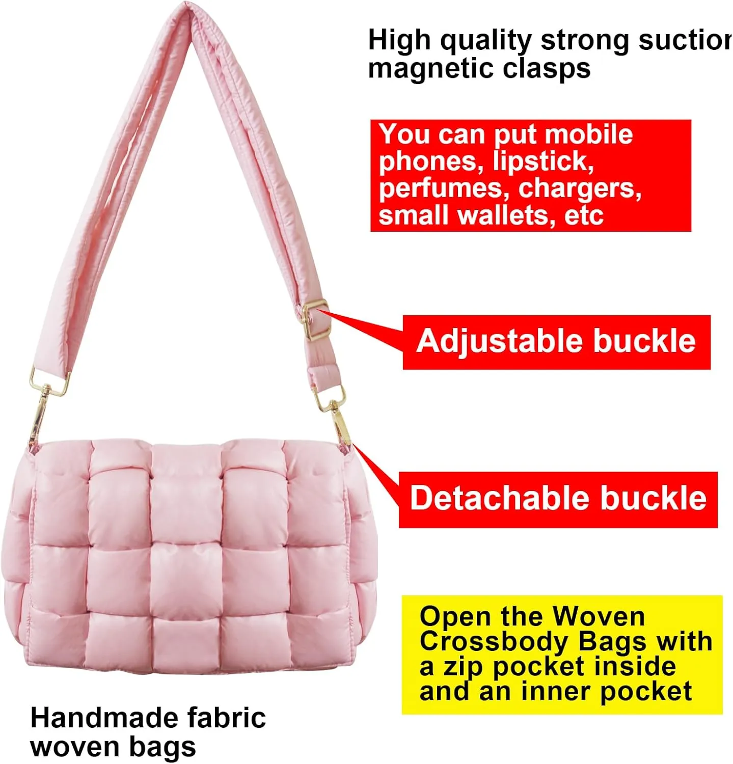 Puffer Woven Crossbody Bag Purse Handbags for Women, Quilted Hobo Carryall Bag Shoulder Bags with Adjustable Strap