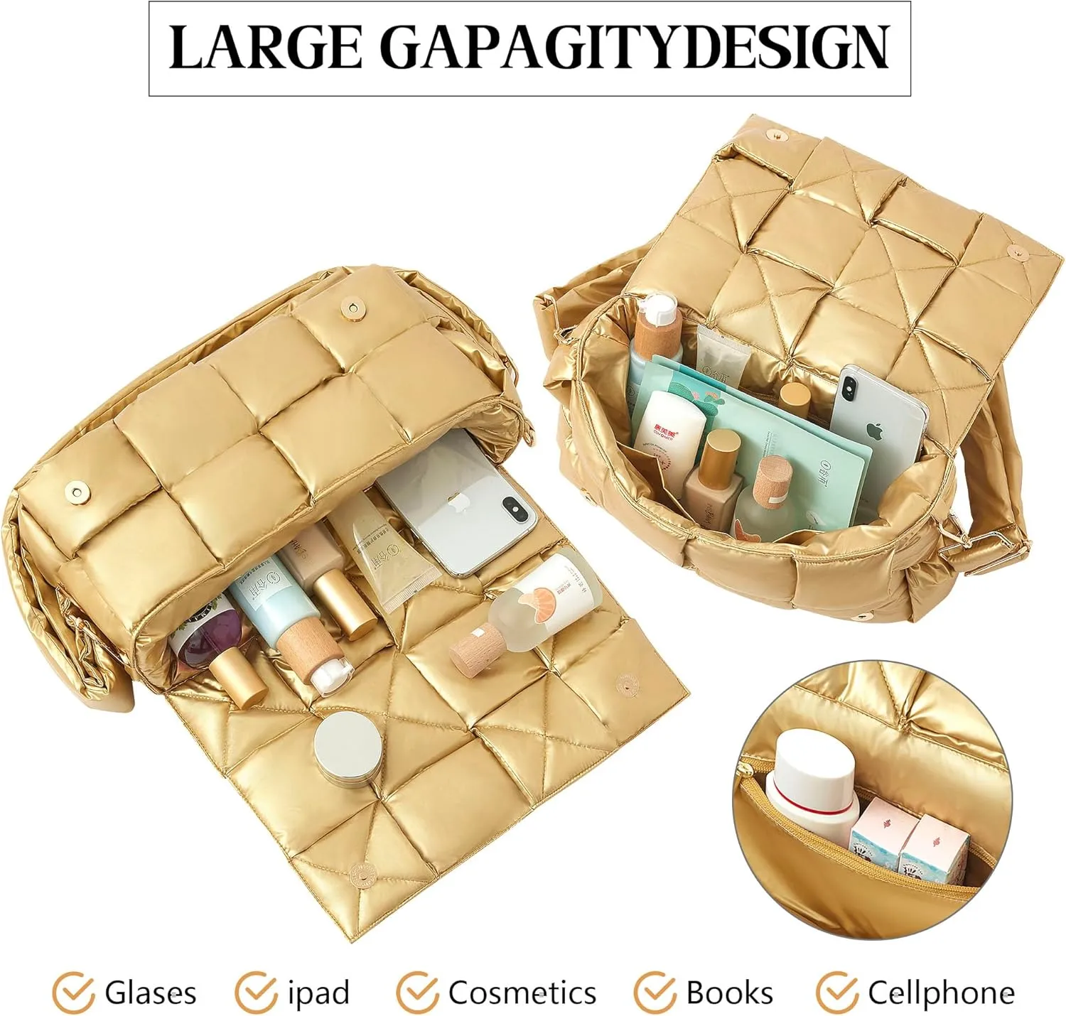 Puffer Woven Crossbody Bag Purse Handbags for Women, Quilted Hobo Carryall Bag Shoulder Bags with Adjustable Strap