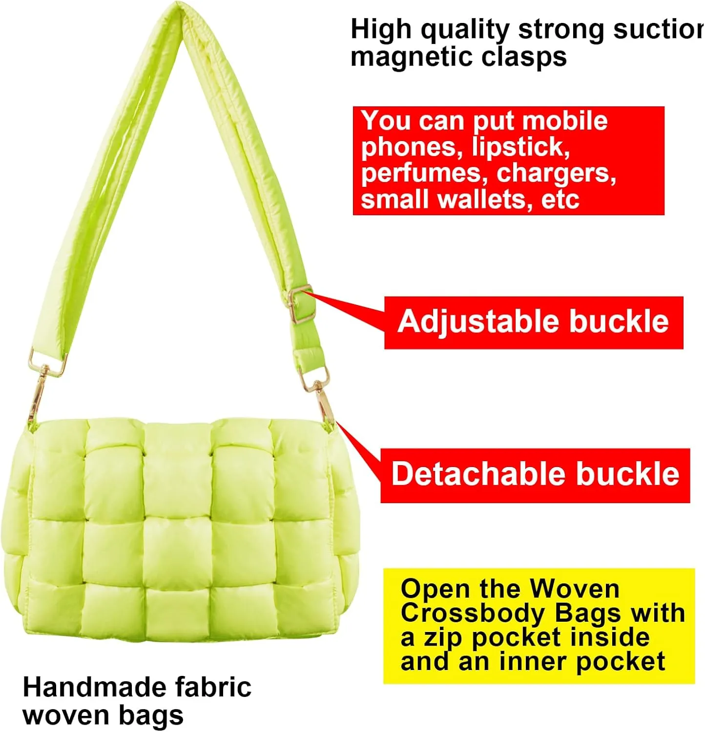 Puffer Woven Crossbody Bag Purse Handbags for Women, Quilted Hobo Carryall Bag Shoulder Bags with Adjustable Strap