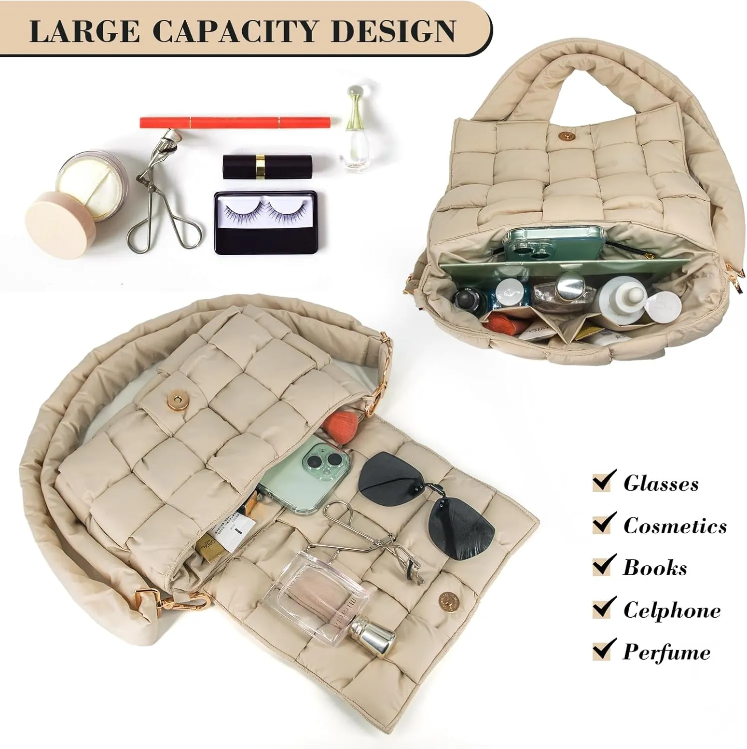 Puffer Woven Crossbody Bag Purse Handbags for Women, Quilted Hobo Carryall Bag Shoulder Bags with Adjustable Strap