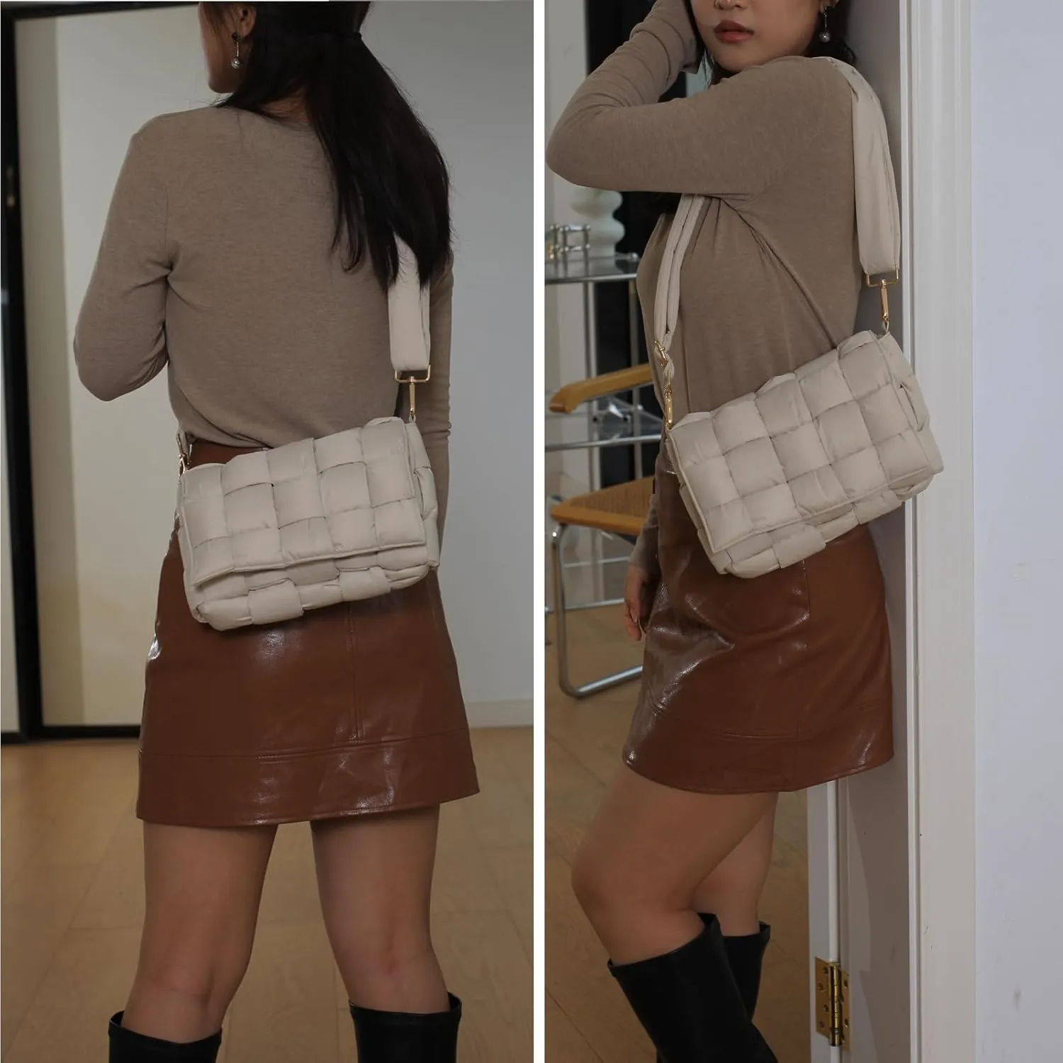 Puffer Woven Crossbody Bag Purse Handbags for Women, Quilted Hobo Carryall Bag Shoulder Bags with Adjustable Strap