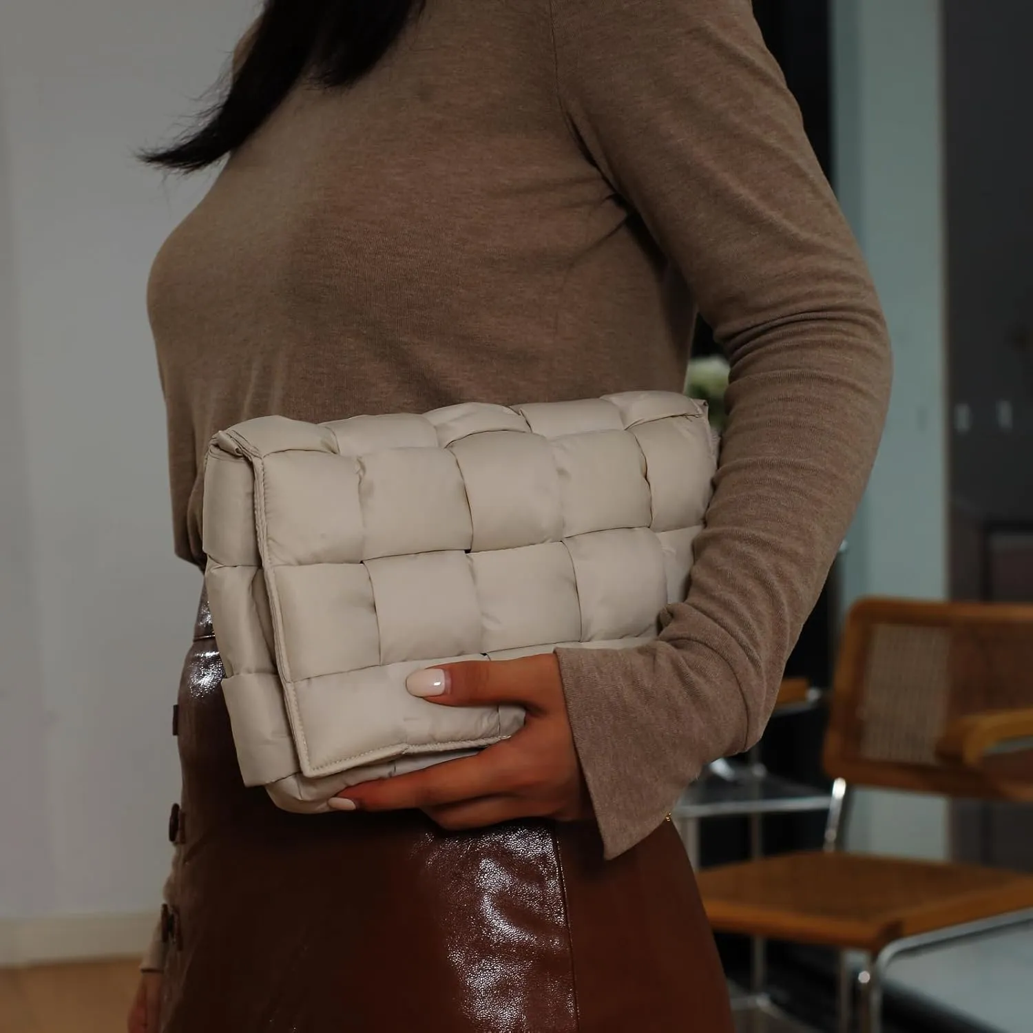 Puffer Woven Crossbody Bag Purse Handbags for Women, Quilted Hobo Carryall Bag Shoulder Bags with Adjustable Strap