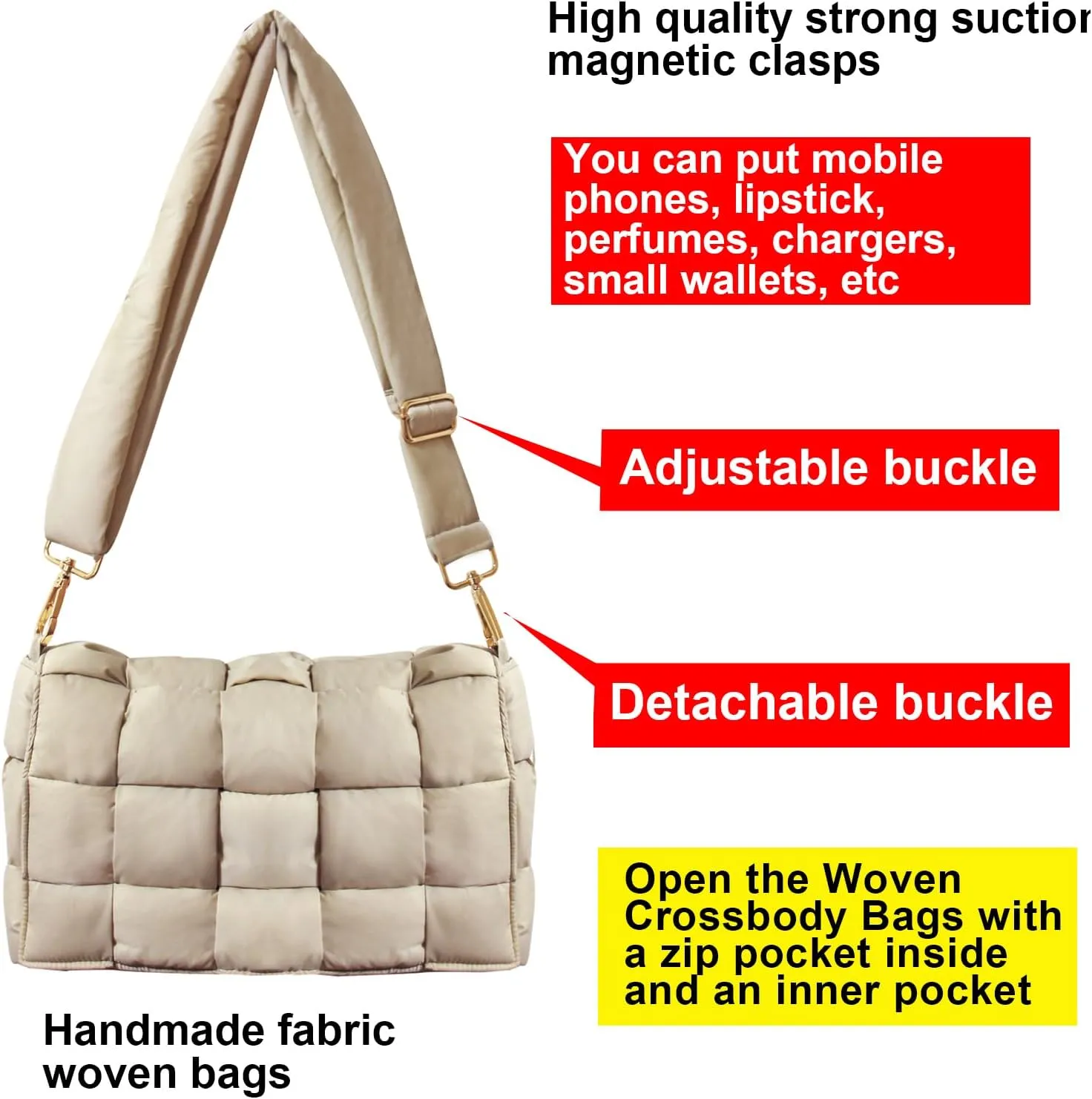 Puffer Woven Crossbody Bag Purse Handbags for Women, Quilted Hobo Carryall Bag Shoulder Bags with Adjustable Strap