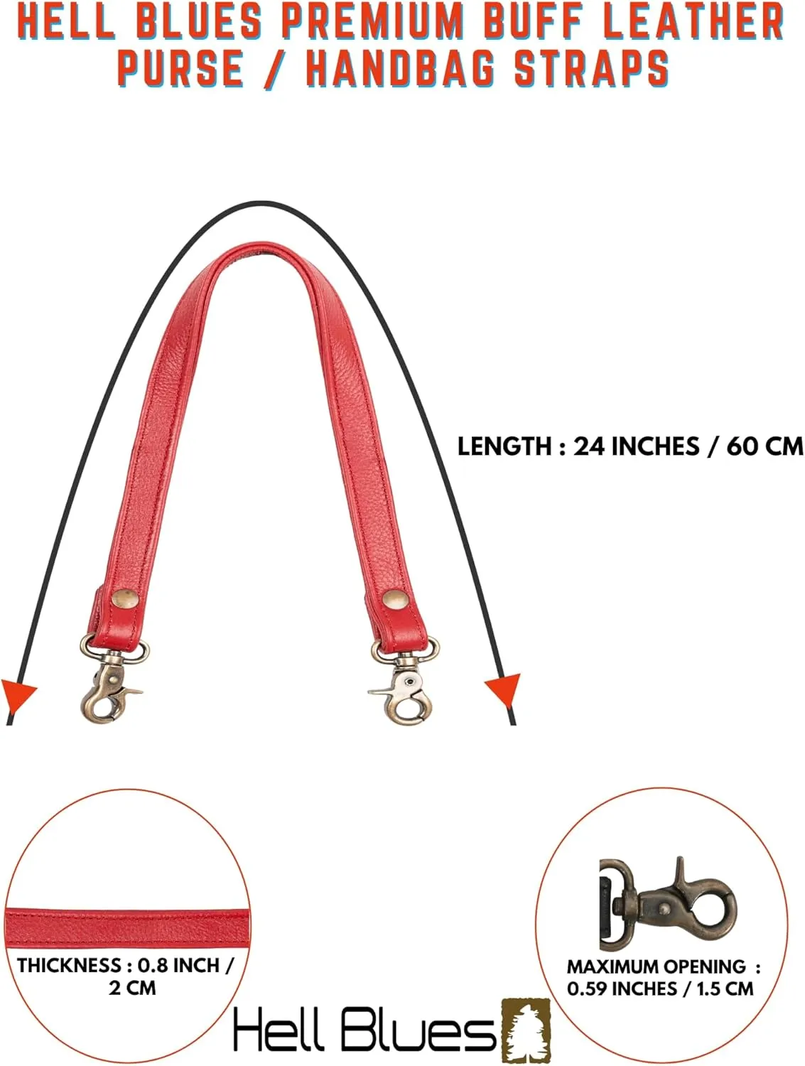 Purse Straps Replacement Full Grain Leather - Premium Straps with Brass Clips for Handbag shoulder bag - 2 Pcs (Red) 24" inches