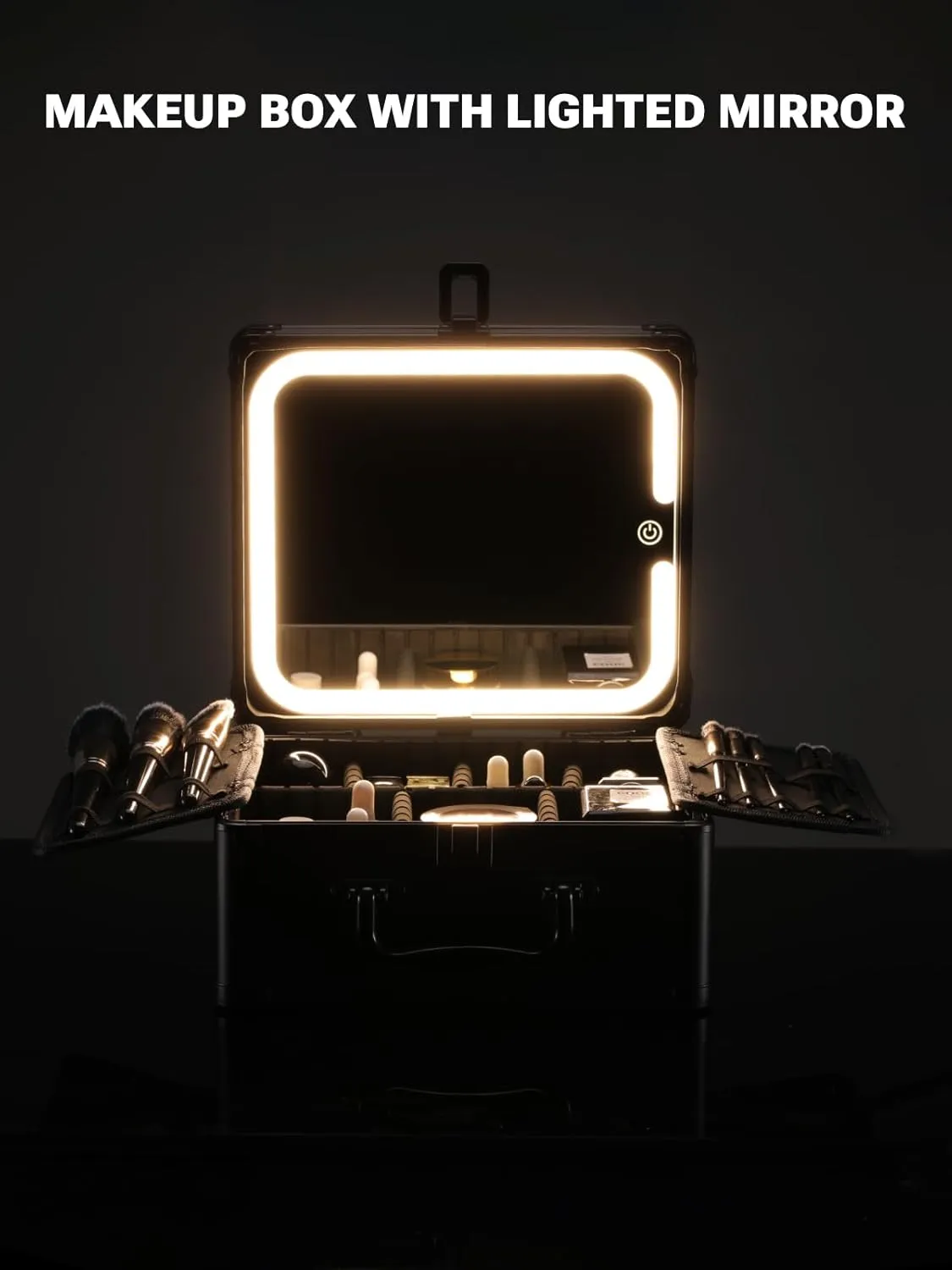 Qislee Makeup Box with A Detachable Lighted Mirror, Waterproof Travel Train Case, Cosmetic Organizer and Makeup Suitcase with Adjustable Dividers, Magnetic LED Mirror (Black)