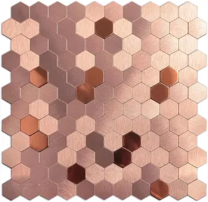 QMARK Peel and Stick Tiles for Kitchen, Self-Adhesive Metal Backsplash Tiles, 6 Pack 11" Aluminum Surface, 3D Metal Stick on Backsplash for Stove (Copper)