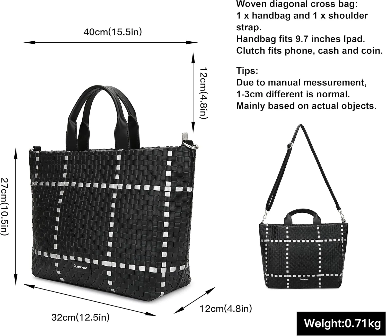 Queenoris Woven Bag for Women, Vegan Leather Tote Bag Summer Beach Fashion Shopper Handbag and Purse Handmade Crossbody Bag