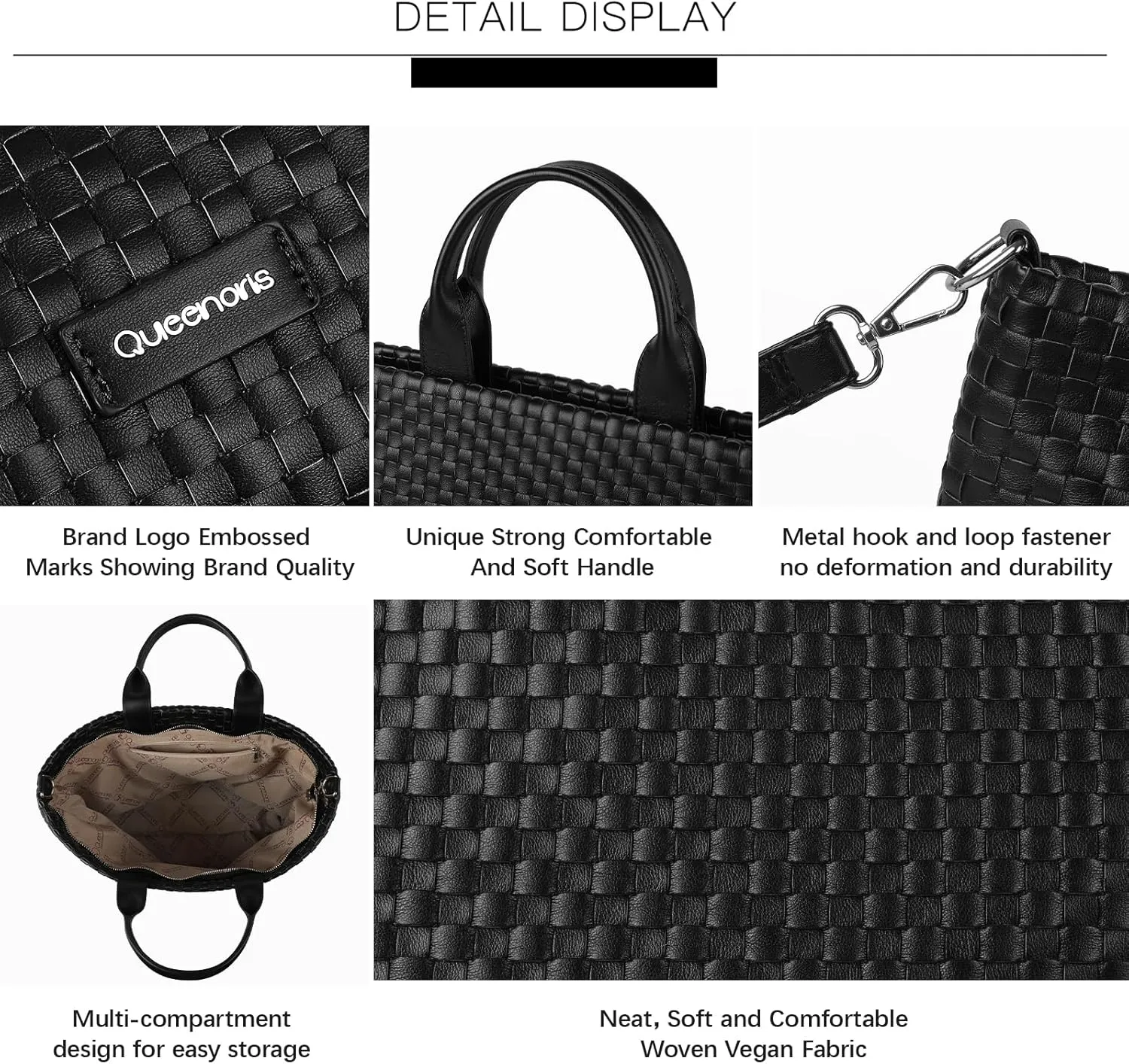 Queenoris Woven Bag for Women, Vegan Leather Tote Bag Summer Beach Fashion Shopper Handbag and Purse Handmade Crossbody Bag