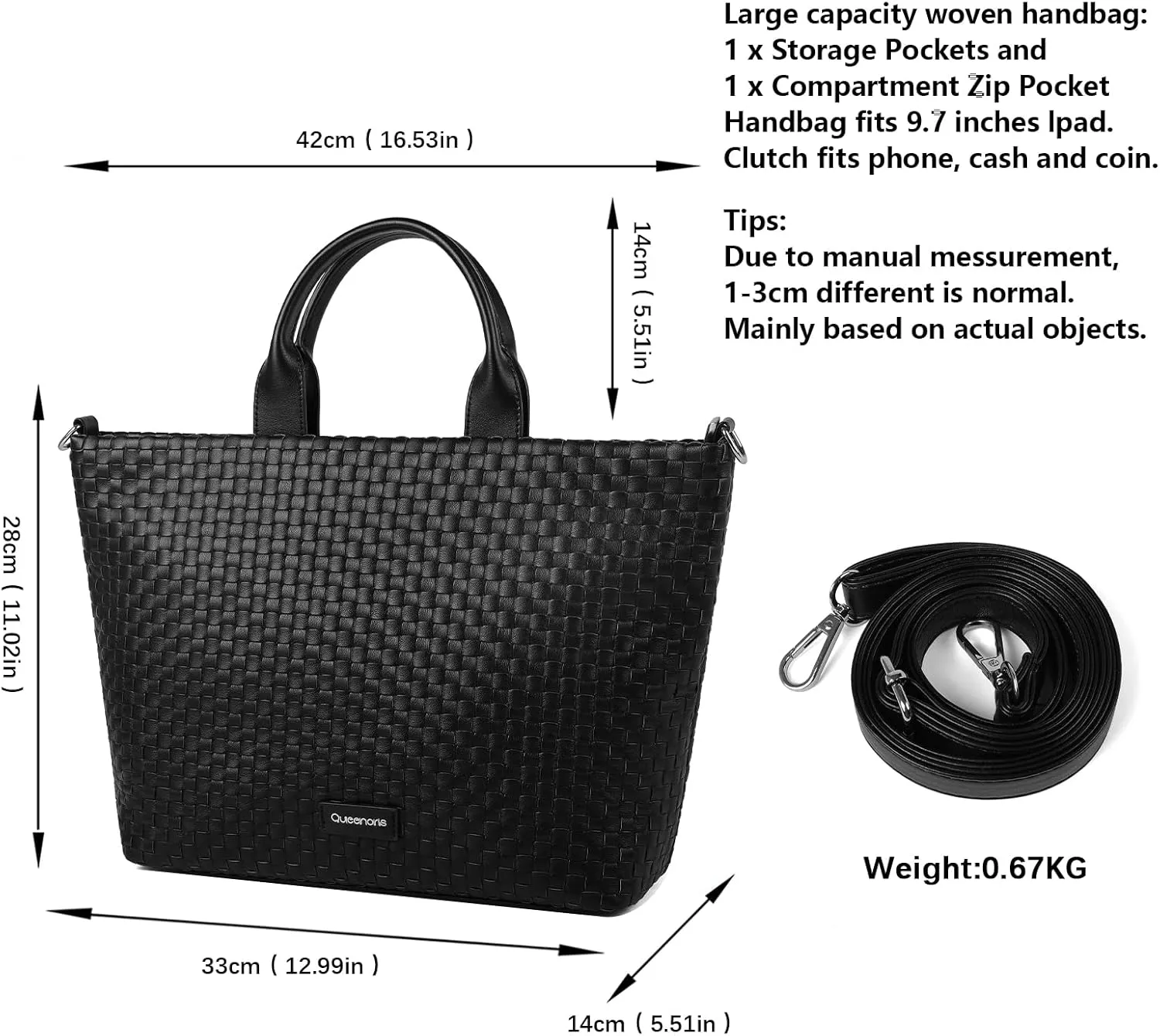 Queenoris Woven Bag for Women, Vegan Leather Tote Bag Summer Beach Fashion Shopper Handbag and Purse Handmade Crossbody Bag