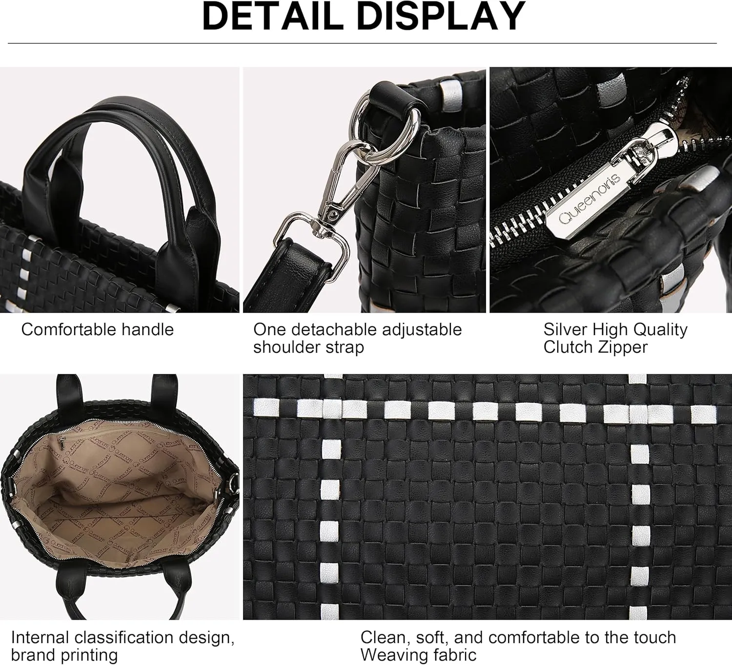 Queenoris Woven Bag for Women, Vegan Leather Tote Bag Summer Beach Fashion Shopper Handbag and Purse Handmade Crossbody Bag