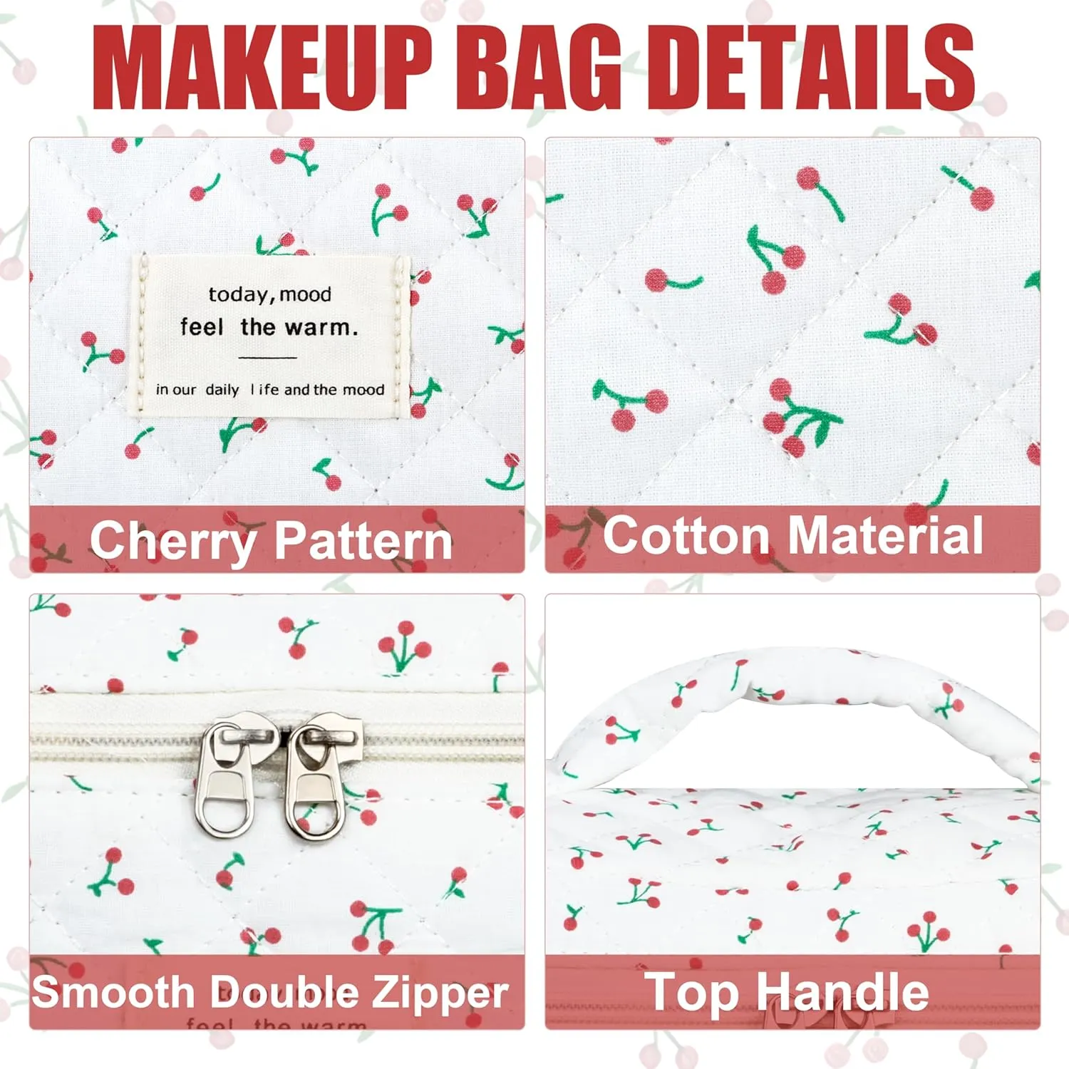 Quilted Makeup Bag Set, 3Pcs Cotton Floral Cosmetic Bags, Cute Aesthetic Coquette Makeup Bag Travel Cosmetic Organizer with Toiletry Pouch & Brush Holder for Women, Cherry