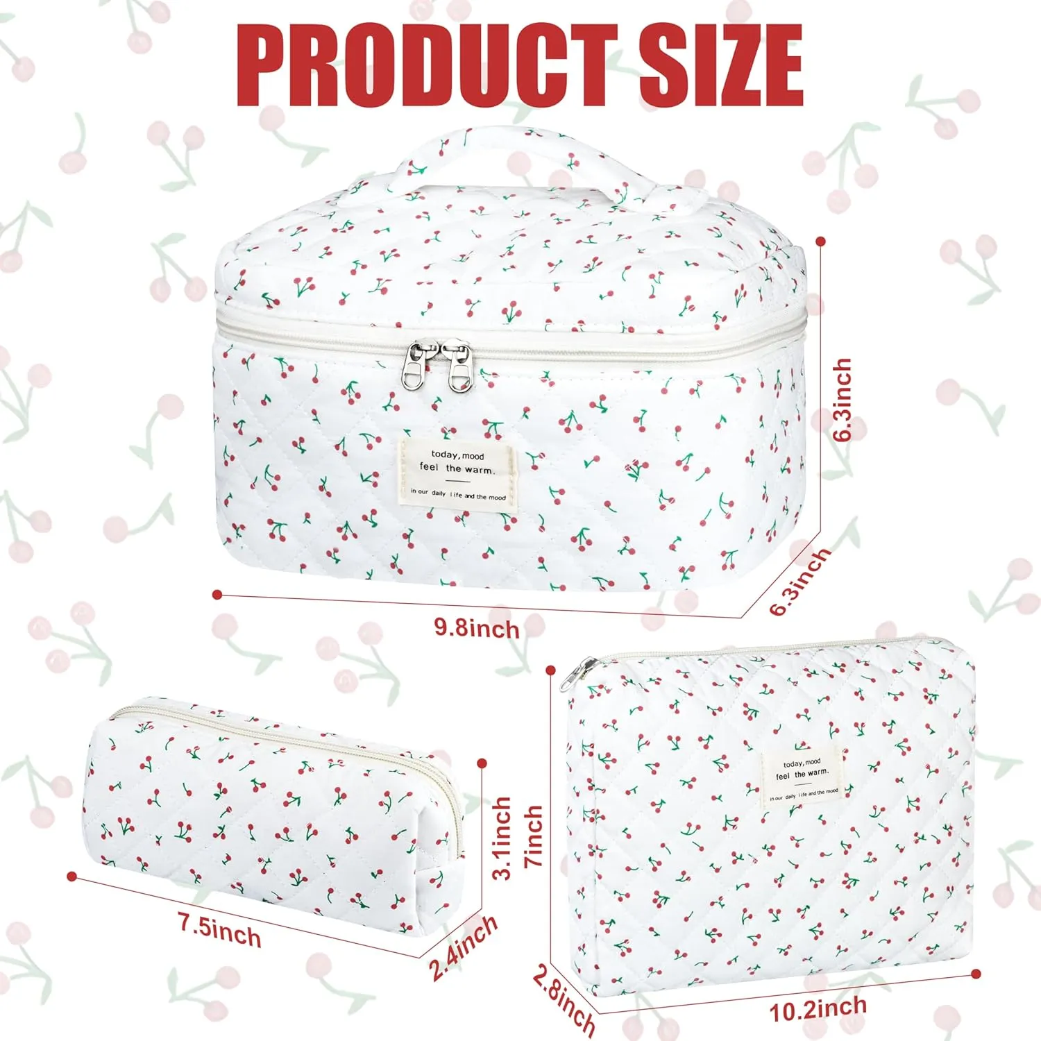 Quilted Makeup Bag Set, 3Pcs Cotton Floral Cosmetic Bags, Cute Aesthetic Coquette Makeup Bag Travel Cosmetic Organizer with Toiletry Pouch & Brush Holder for Women, Cherry