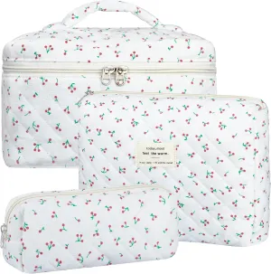 Quilted Makeup Bag Set, 3Pcs Cotton Floral Cosmetic Bags, Cute Aesthetic Coquette Makeup Bag Travel Cosmetic Organizer with Toiletry Pouch & Brush Holder for Women, Cherry
