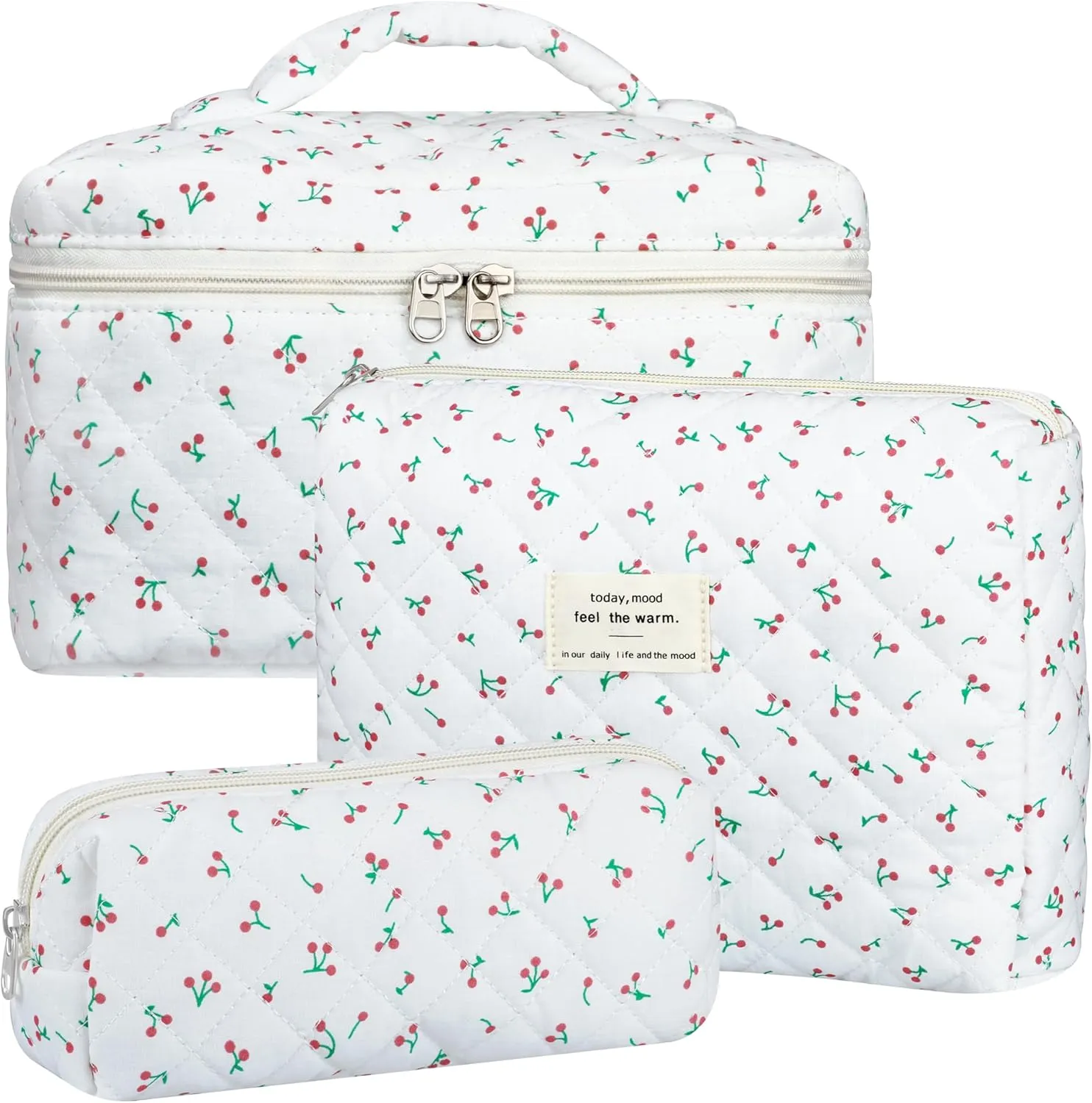 Quilted Makeup Bag Set, 3Pcs Cotton Floral Cosmetic Bags, Cute Aesthetic Coquette Makeup Bag Travel Cosmetic Organizer with Toiletry Pouch & Brush Holder for Women, Cherry