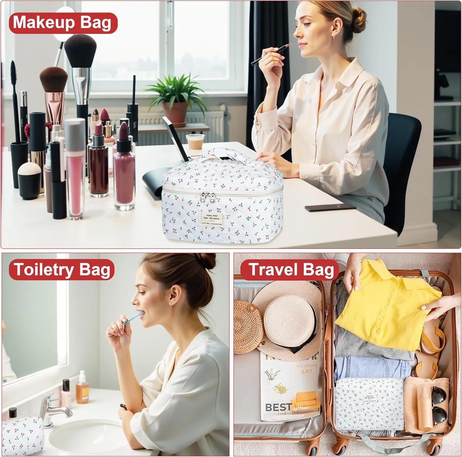 Quilted Makeup Bag Set, 3Pcs Cotton Floral Cosmetic Bags, Cute Aesthetic Coquette Makeup Bag Travel Cosmetic Organizer with Toiletry Pouch & Brush Holder for Women, Cherry