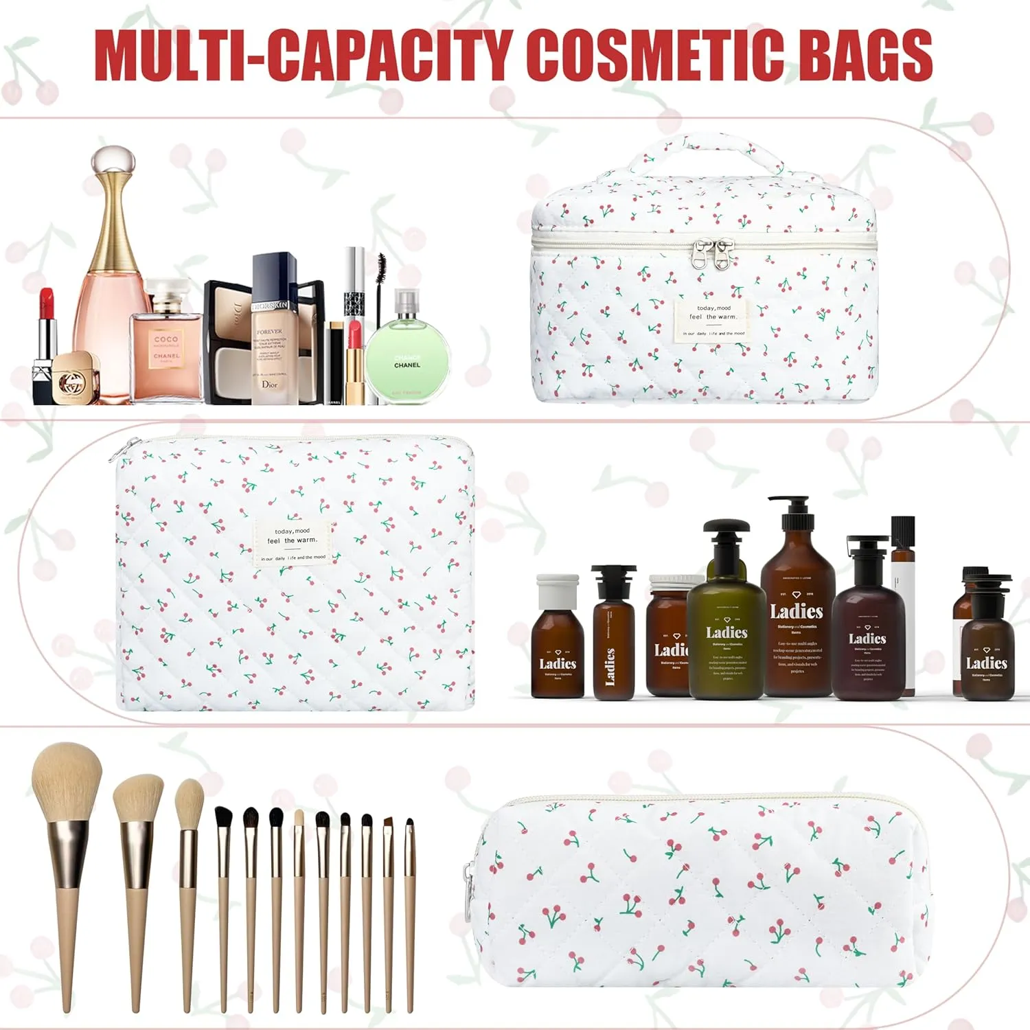 Quilted Makeup Bag Set, 3Pcs Cotton Floral Cosmetic Bags, Cute Aesthetic Coquette Makeup Bag Travel Cosmetic Organizer with Toiletry Pouch & Brush Holder for Women, Cherry