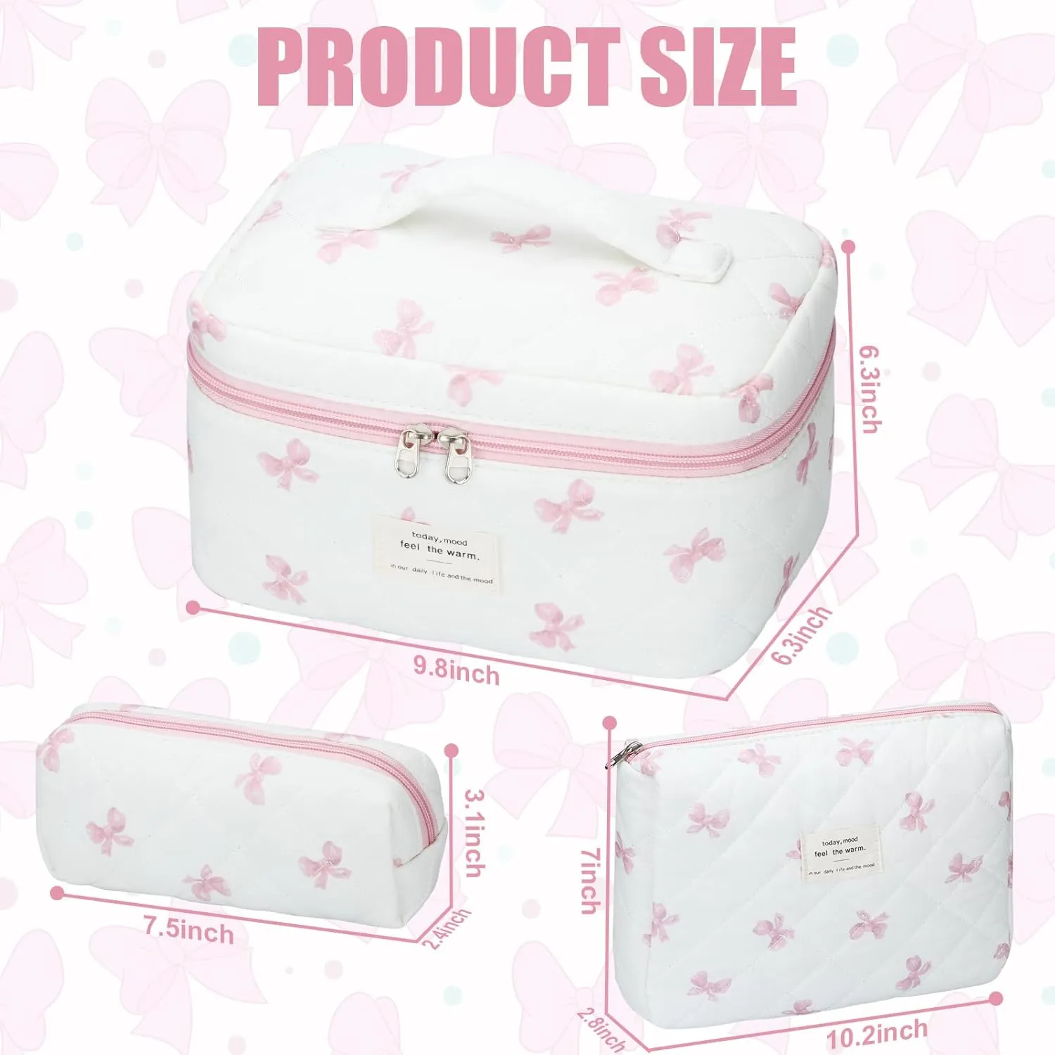 Quilted Makeup Bag Set, 3Pcs Large Checkered Corduroy Cosmetic Bags, Cute Coquette Makeup Bag Toiletry Zipper Pouch Bag for Women and Girls Checkered