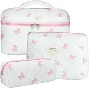Quilted Makeup Bag Set, 3Pcs Large Checkered Corduroy Cosmetic Bags, Cute Coquette Makeup Bag Toiletry Zipper Pouch Bag for Women and Girls Checkered