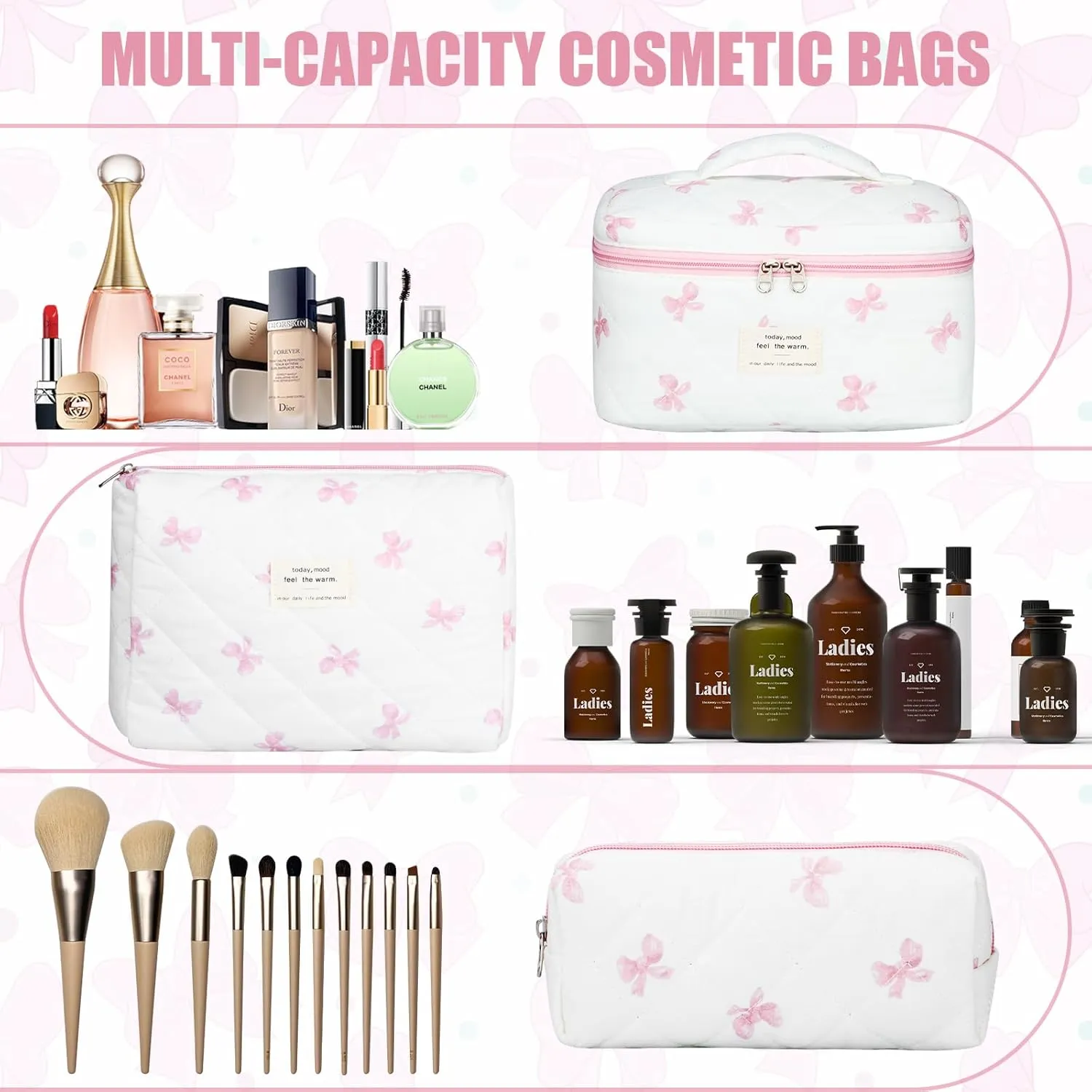 Quilted Makeup Bag Set, 3Pcs Large Checkered Corduroy Cosmetic Bags, Cute Coquette Makeup Bag Toiletry Zipper Pouch Bag for Women and Girls Checkered