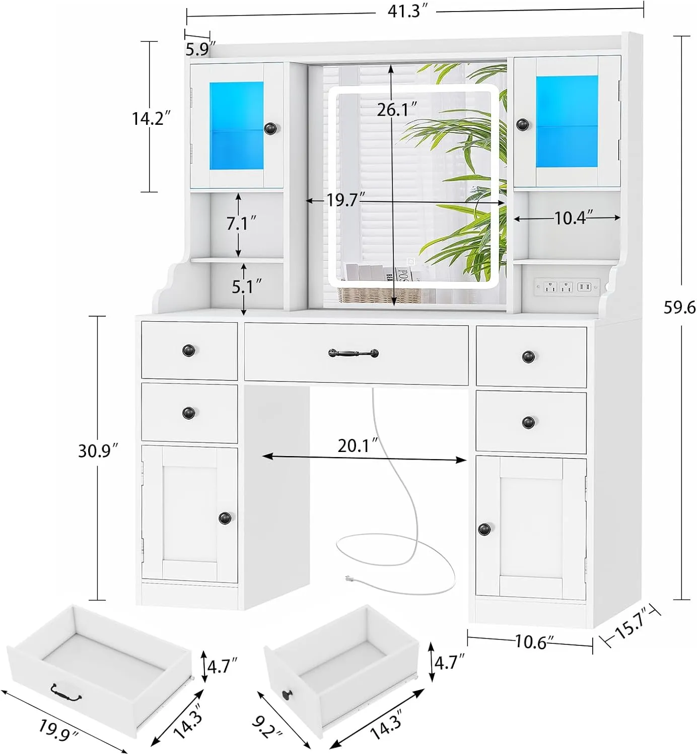 Quimoo Vanity Desk with Lighted Mirror & Power Outlet, 3 Color Modes & Adjustable Brightness, Makeup Vanity Table with 5 Drawers, 2 cabinets, 2 RGB cabinets, for Bedroom, White