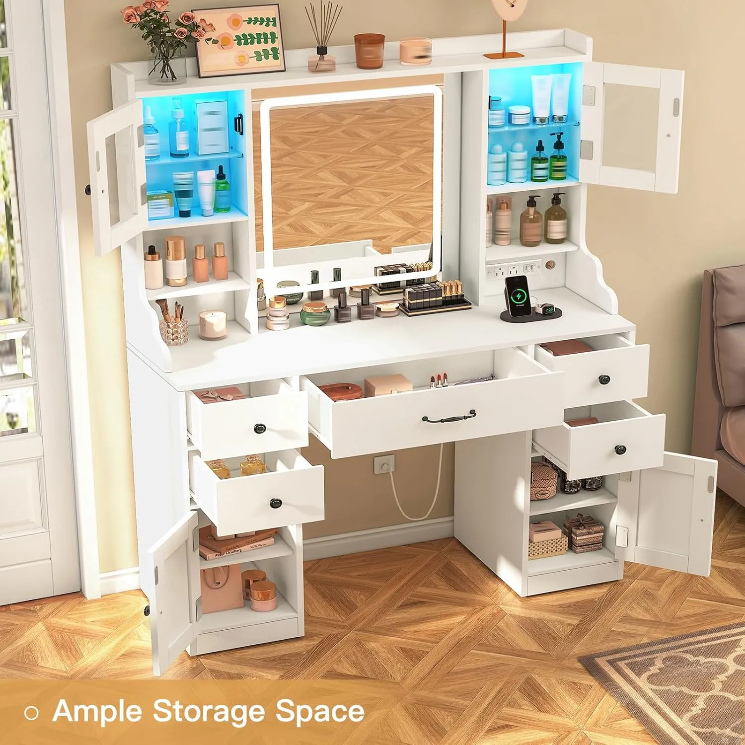 Quimoo Vanity Desk with Lighted Mirror & Power Outlet, 3 Color Modes & Adjustable Brightness, Makeup Vanity Table with 5 Drawers, 2 cabinets, 2 RGB cabinets, for Bedroom, White