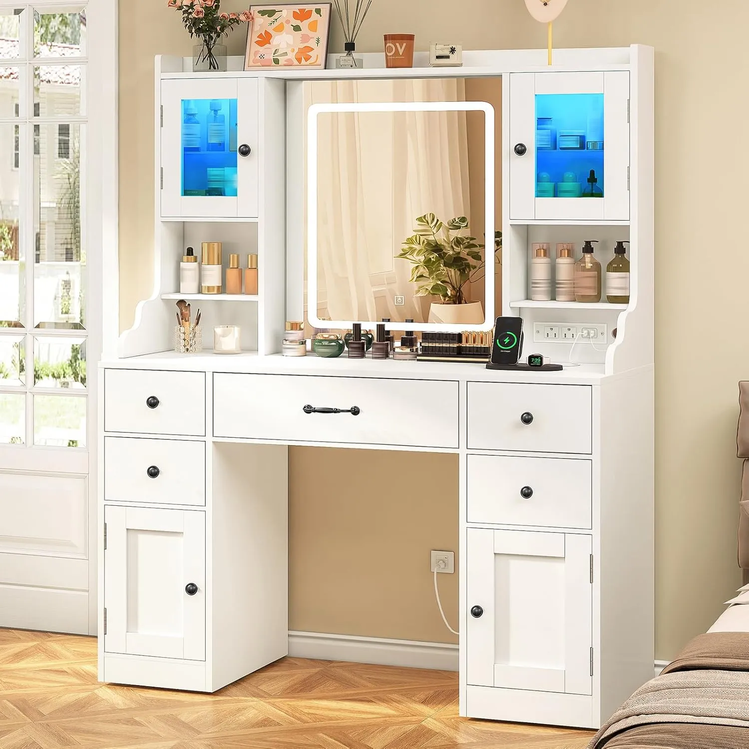Quimoo Vanity Desk with Lighted Mirror & Power Outlet, 3 Color Modes & Adjustable Brightness, Makeup Vanity Table with 5 Drawers, 2 cabinets, 2 RGB cabinets, for Bedroom, White