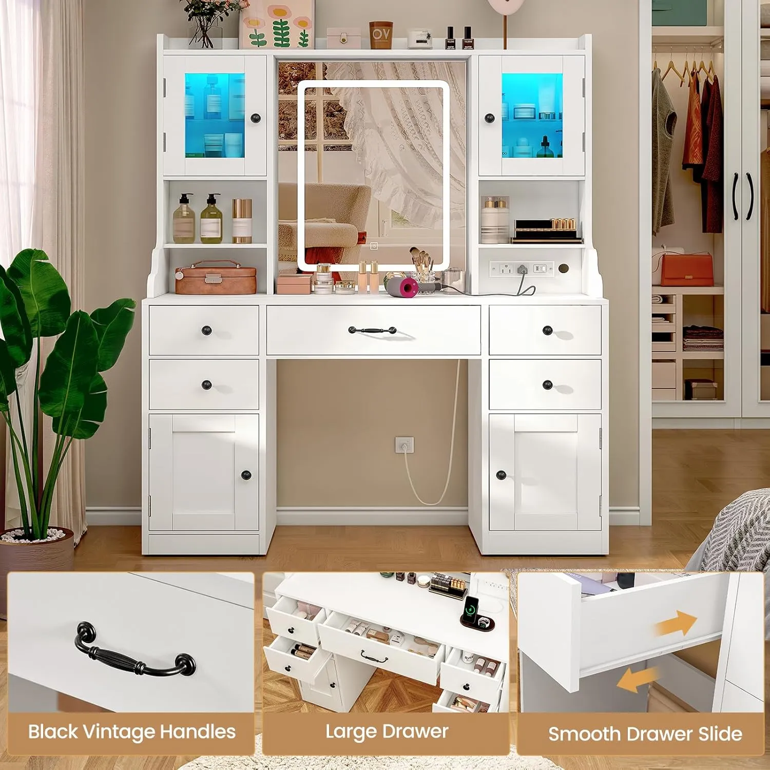 Quimoo Vanity Desk with Lighted Mirror & Power Outlet, 3 Color Modes & Adjustable Brightness, Makeup Vanity Table with 5 Drawers, 2 cabinets, 2 RGB cabinets, for Bedroom, White