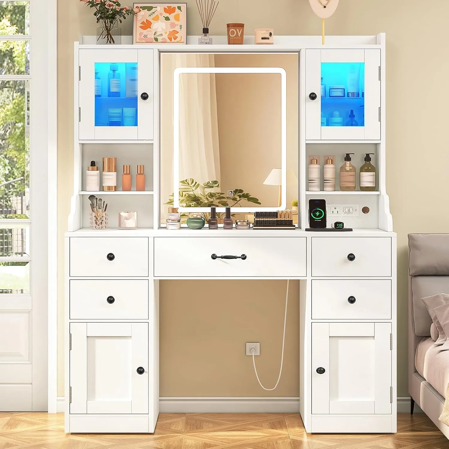 Quimoo Vanity Desk with Lighted Mirror & Power Outlet, 3 Color Modes & Adjustable Brightness, Makeup Vanity Table with 5 Drawers, 2 cabinets, 2 RGB cabinets, for Bedroom, White