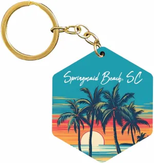 R and R Imports Springmaid Beach South Carolina Souvenir Hexagon Wooden Keychain Watercolor Beach Design