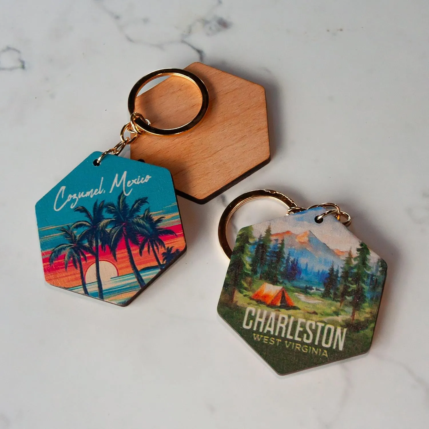 R and R Imports Springmaid Beach South Carolina Souvenir Hexagon Wooden Keychain Watercolor Beach Design