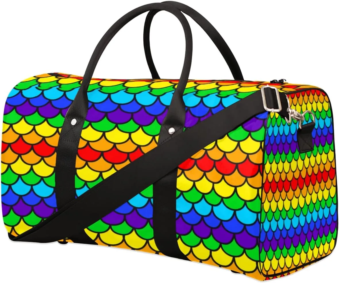 Rainbow Fish Scale Duffel Bag Sport Gym Duffle Bag Travel Bag Waterproof Weekender Overnight Tote Bag Foldable Carry on Bag Training Shoulder Bag for Women Men